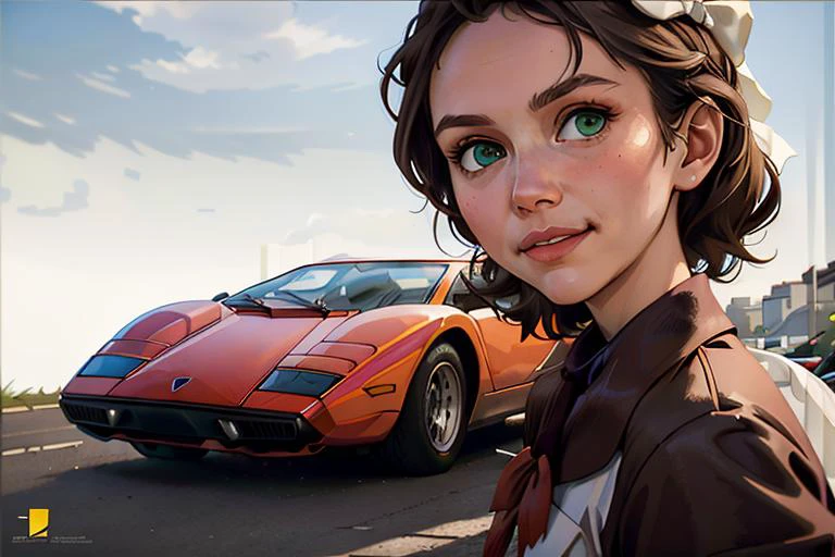 (hyperdetailed:1.2), (hyperrealistic:1.3), soviet, solo (Katj4Herb3rs01-1300), (dark brown school uniform:1.4), (big white bow in hair:1.4), (red neckerchief:1.3), (leaning forward:1.1), (downblouse view), (flirty smirk), (shy:-2), looking at camera, (Lamborghini Countach car behind on background, <lora:c0unt4ch:0.8>), outdoor, sky with little clouds, (hyperdetailed realistic skin texture:1.3), hyperdetailed face, (green eyes:1.2), (masterpiece, best quality:1.5), <lora:soviet-poster:0.6>, <lyco:GoodHands-beta2:1.0>