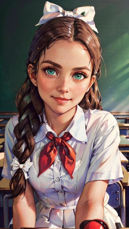 teacher's pet, dress code violation, (hyperdetailed:1.2), (hyperrealistic:1.3), soviet, (Katj4Herb3rs01-1300) seated at a desk in the front row of her college classroom, school uniform, (big white bow in hair:1.4) (red neckerchief:1.2), blouse unbuttoned, (leaning forward:1.1), (downblouse view), (flirty smirk:1.2), (shy:-2), looking at camera, (hyperdetailed realistic skin texture:1.3), hyperdetailed face and green eyes, empty classroom background, (masterpiece, best quality:1.5), <lora:soviet-poster:0.6>, <lyco:GoodHands-beta2:1.0>