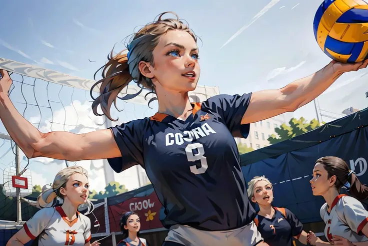 masterpiece, best quality, highest detailed, dynamic angle, colorful, vivid, beautiful, cheerful and playful girl in (volleyball) uniform, blue eyes, long ponytails, one ball, outdoor volleyball court, team players, from below, (looking left), (holding one ball with both hands), soviet <lora:soviet-poster:0.8>