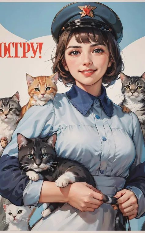 (best quality:1.2), woman with kitty, smile, looking at camera, soviet union, poster, <lora:soviet-poster:0.7>