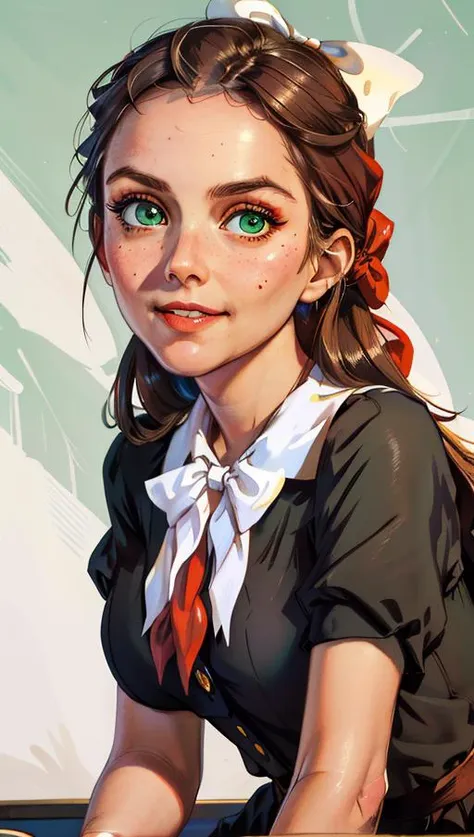 teacher's pet, dress code violation, (hyperdetailed:1.2), (hyperrealistic:1.3), soviet, (Katj4Herb3rs01-1300) seated at a desk in the front row of her college classroom, school uniform, (big white bow in hair:1.4), (red neckerchief:1.2), (dark brown blouse), (leaning forward:1.1), (downblouse view), (flirty smirk:1.2), (shy:-2), looking at camera, (hyperdetailed realistic skin texture:1.3), hyperdetailed face, ((green eyes)), empty classroom background, (detailed hair), (masterpiece, best quality:1.5), <lora:soviet-poster:0.6>