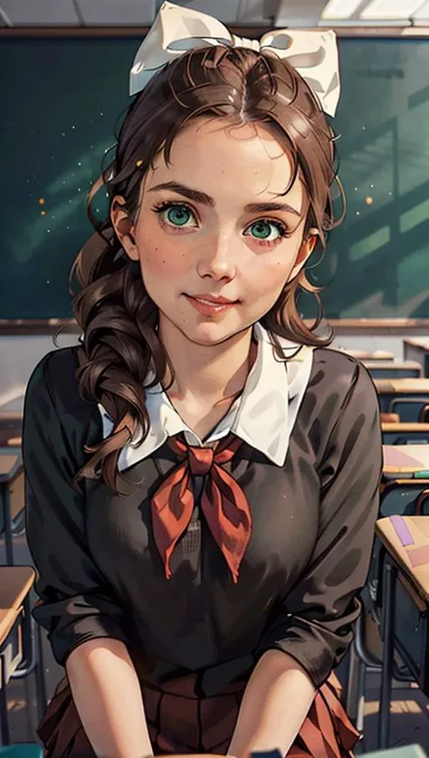 teacher's pet, (hyperdetailed:1.2), (hyperrealistic:1.3), soviet, (Katj4Herb3rs01-1300) seated at a desk in the front row of her college classroom, (dark brown school uniform:1.4), (big white bow in hair:1.4), (red neckerchief:1.3), (leaning forward:1.1), (downblouse view), (flirty smirk:1.2), (shy:-2), looking at camera, (hyperdetailed realistic skin texture:1.3), hyperdetailed face, (green eyes:1.2), empty classroom background, (masterpiece, best quality:1.5), <lora:soviet-poster:0.6>, <lyco:GoodHands-beta2:1.0>