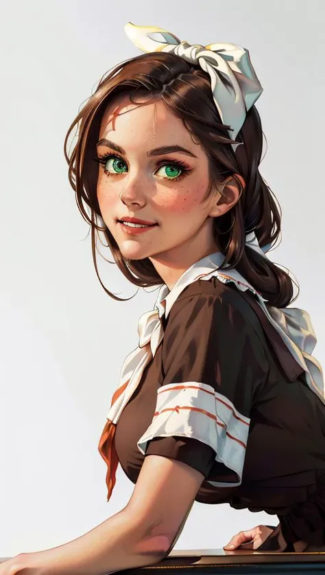 teacher's pet, dress code violation, (hyperdetailed:1.2), (hyperrealistic:1.3), soviet, (Katj4Herb3rs01-1300) seated at a desk in the front row of her college classroom, school uniform, (big white bow in hair:1.4), (red neckerchief:1.2), (dark brown blouse:1.2), (leaning forward:1.1), (downblouse view), (flirty smirk:1.2), (shy:-2), looking at camera, (hyperdetailed realistic skin texture:1.3), hyperdetailed face, ((green eyes)), empty classroom background, (detailed hair), (masterpiece, best quality:1.5), <lora:soviet-poster:0.6>