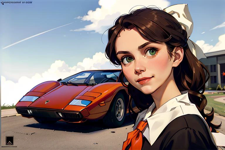 (hyperdetailed:1.2), (hyperrealistic:1.3), soviet, solo (Katj4Herb3rs01-1300), (dark brown school uniform:1.4), (big white bow in hair:1.4), (red neckerchief:1.3), (leaning forward:1.1), (downblouse view), (flirty smirk), (shy:-2), looking at camera, (Lamborghini Countach car behind on background, <lora:c0unt4ch:0.8>), outdoor, yard, sky with little clouds, (hyperdetailed realistic skin texture:1.3), hyperdetailed face, (green eyes:1.2), (masterpiece, best quality:1.5), <lora:soviet-poster:0.6>, <lyco:GoodHands-beta2:1.0>