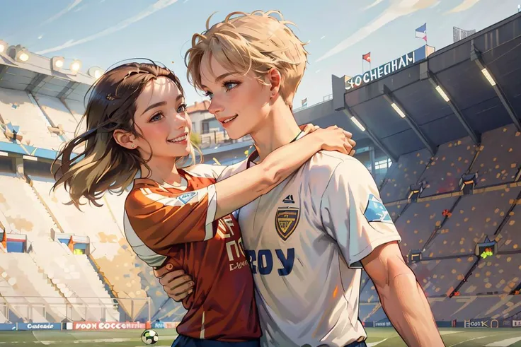 masterpiece, best quality, highest detailed, dynamic angle, colorful, beautiful, cheerful and playful (brunette girl in soccer uniform:1.4), hugs a gentle (blond guy in casual outfit:1.4), he is her fan, (looking at each other), smiling, empty stadium, after training, she loves him, evening, <lora:soviet-poster:0.7>