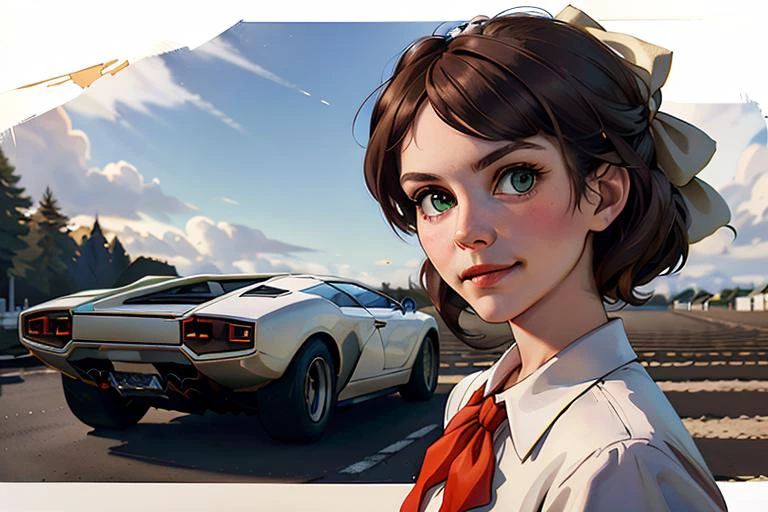 (hyperdetailed:1.2), (hyperrealistic:1.3), soviet, solo (Katj4Herb3rs01-1300), (dark brown school uniform:1.4), (big white bow in hair:1.4), (red neckerchief:1.3), (leaning forward:1.1), (downblouse view), (flirty smirk), (shy:-2), looking at camera, (Lamborghini Countach car. (rear view), on background, <lora:c0unt4ch:0.8>), outdoor, yard, sky with little clouds, (hyperdetailed realistic skin texture:1.3), hyperdetailed face, (green eyes:1.2), (masterpiece, best quality:1.5), <lora:soviet-poster:0.6>, <lyco:GoodHands-beta2:1.0>
