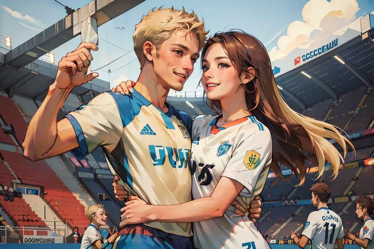 masterpiece, best quality, highest detailed, dynamic angle, colorful, beautiful, cheerful and playful (brunette girl in soccer uniform:1.4), hugs a gentle (blond guy in casual outfit:1.4), he is her fan, (looking at each other), smiling, empty stadium, after training, she loves him, evening, <lora:soviet-poster:0.7>