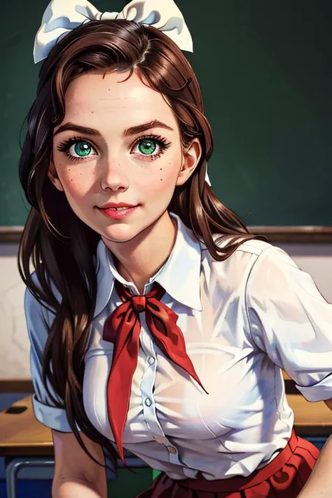 teacher's pet, dress code violation, (hyperdetailed:1.2), (hyperrealistic:1.3), soviet, (Katj4Herb3rs01-1300) seated at a desk in the front row of her college classroom, school uniform, (big white bow in hair:1.4) (red neckerchief:1.2), blouse unbuttoned, (leaning forward:1.1), (downblouse view), (flirty smirk:1.2), (shy:-2), looking at camera, (hyperdetailed realistic skin texture:1.3), hyperdetailed face and green eyes, big pupils, empty classroom background, (masterpiece, best quality:1.5), <lora:soviet-poster:0.5>