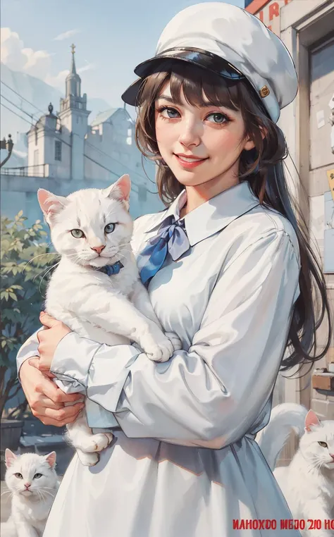 (best quality:1.2), woman holding a white kitty, smile, looking at camera, soviet union, poster, <lora:soviet-poster:0.7>