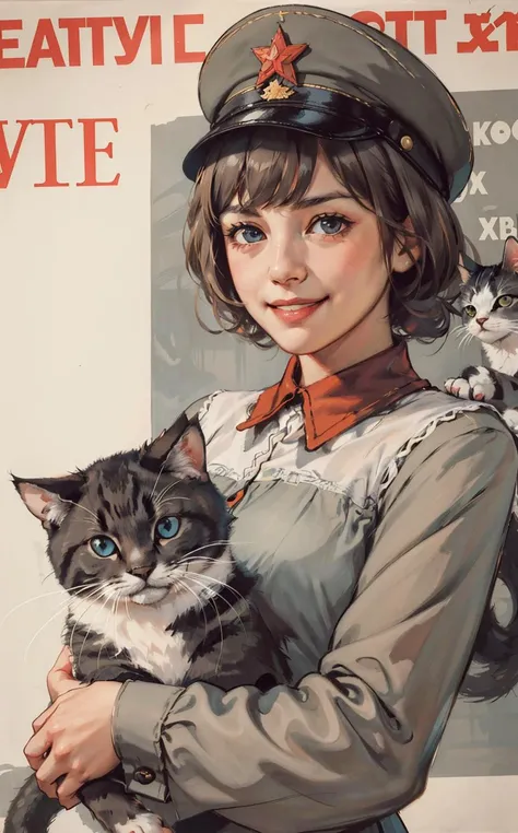 (best quality:1.2), woman with kitty, smile, looking at camera, soviet union, poster, <lora:soviet-poster:0.7>