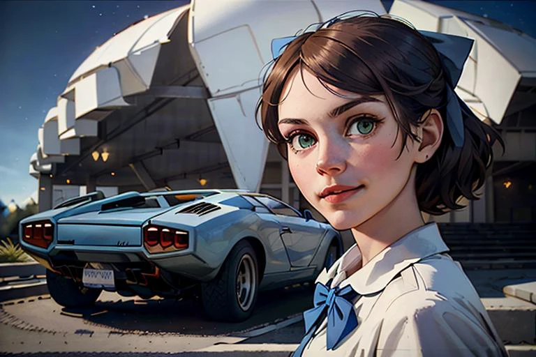 (hyperdetailed:1.2), (hyperrealistic:1.3), soviet, solo (Katj4Herb3rs01-1300), (dark brown school uniform:1.4), (big white bow in hair:1.4), (red neckerchief:1.3), (leaning forward:1.1), (downblouse view), (flirty smirk), (shy:-2), looking at camera, ((blue:2) Lamborghini Countach car. (rear view), right angle, on background, <lora:c0unt4ch:0.8>), outdoor, school yard, sky, (hyperdetailed realistic skin texture:1.3), hyperdetailed face, (green eyes:1.2), (masterpiece, best quality:1.5), <lora:soviet-poster:0.6>, <lyco:GoodHands-beta2:1.0>