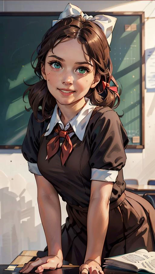 teacher's pet, (hyperdetailed:1.2), (hyperrealistic:1.3), soviet, (Katj4Herb3rs01-1300) seated at a desk in the front row of her college classroom, (dark brown school uniform:1.4), (big white bow in hair:1.4), (red neckerchief:1.3), (leaning forward:1.1), (downblouse view), (flirty smirk:1.2), (shy:-2), looking at camera, (hyperdetailed realistic skin texture:1.3), hyperdetailed face, (green eyes:1.2), empty classroom background, (masterpiece, best quality:1.5), <lora:soviet-poster:0.6>, <lyco:GoodHands-beta2:1.0>