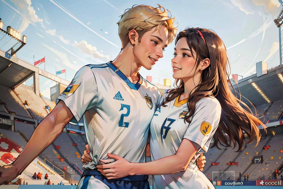 masterpiece, best quality, highest detailed, dynamic angle, colorful, beautiful, cheerful and playful (brunette girl in soccer uniform:1.4), hugs a gentle (blond guy in casual outfit:1.4), he is her fan, (looking at each other), smiling, empty stadium, after training, she loves him, evening, <lora:soviet-poster:0.7>