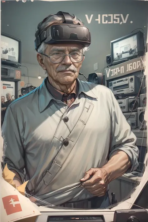 (best quality:1.2), old man with vr glasses, future, ussr, poster, tv in background, <lora:soviet-poster:0.7>