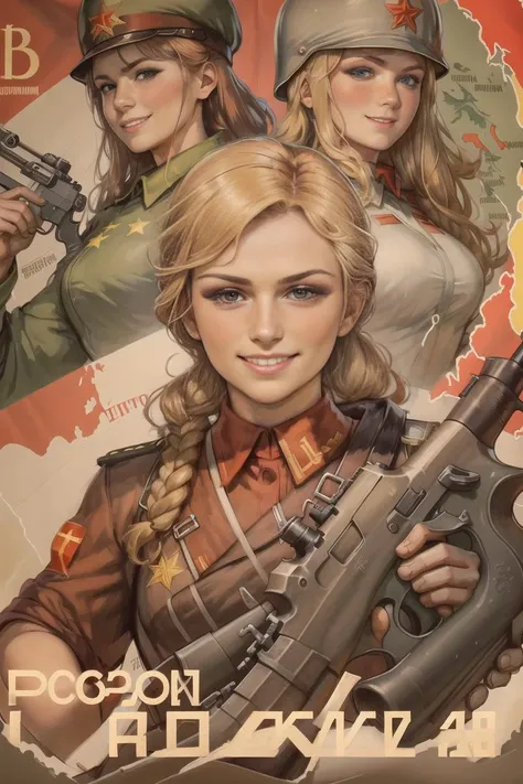 (best quality:1.2),blond women with gun, red t-shirt with soviet sign, smile, Brown haired man with flag,
looking at camera, soviet union, poster,placard,Soviet style,World map and soviet Soviet army background, Soviet military uniform, 
<lora:soviet-poster:0.7>