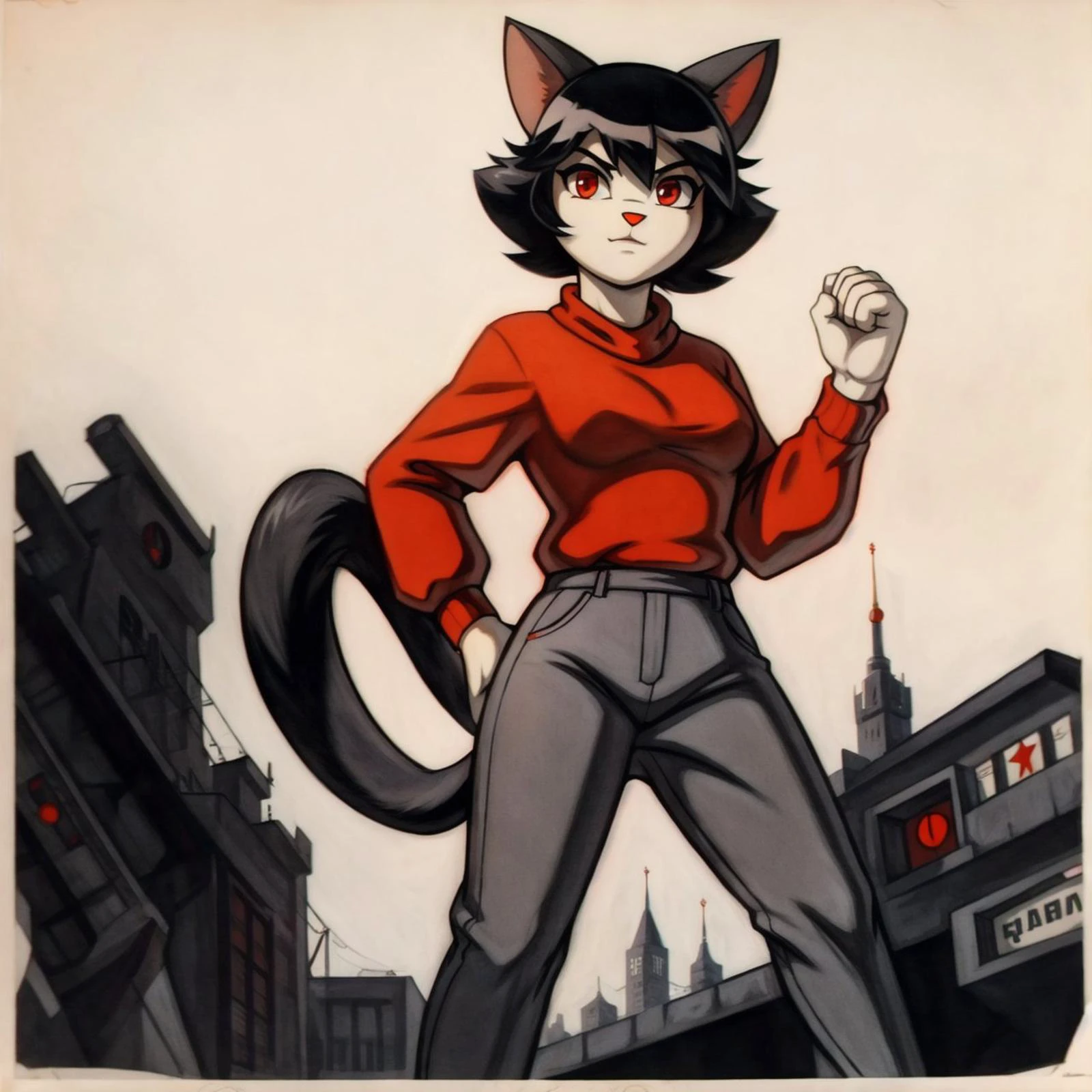 (best quality:1.2), animedot, cat ears, black hair, Red eyes, soviet poster, solo, white sweater, tight gray pants, white background
<lora:animedot-v1:1> <lora:soviet-poster:0.7>,