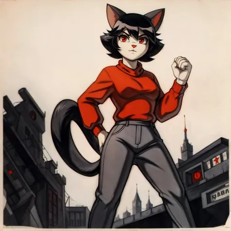 (best quality:1.2), animedot, cat ears, black hair, Red eyes, soviet poster, solo, white sweater, tight gray pants, white background
 <lora:animedot-v1:1>  <lora:soviet-poster:0.7>,