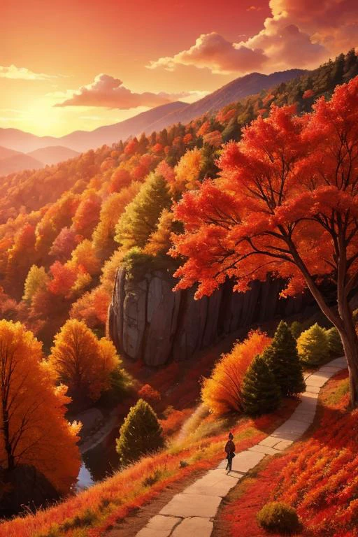 donghua,wallpaper,natural lighting,autumn,autumn leaves,bare tree,branch,cloud,evening,falling leaves,fire,forest,gradient sky,leaf,leaf background,maple leaf,mountain,nature,orange sky,outdoors,red sky,red theme,scenery,sky,sunset,tree,twilight,