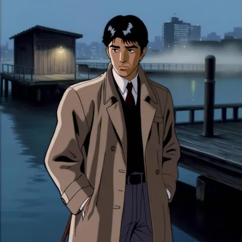 look at view ,A photorealistic image of a man with short hair, dressed in the style of a detective from early Japanese crime dramas. He should be wearing a well-tailored suit, perhaps with a trench coat, and should be standing on a dock. The man is hunched over slightly, lighting or smoking a cigarette. The atmosphere should be moody, perhaps with fog or dim lighting to set the scene. The perspective should capture the man's full figure, as well as some of the dock and surrounding environment. His facial expression should be one of deep thought or contemplation. <lora:xl_yoshiaki_kawajiri_v1:0.8>