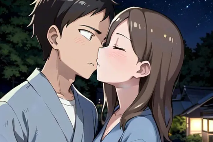 1 boy, 1 girl , kiss, dark night, bright night sky, (masterpiece:1.2, best quality), (ultra-detailed), (illustration), (ultra highres), , (hyper detailed), AND , 1 boy, 1 girl , kiss, Houjou_Takagi is an amazing girl, 21 yo, small breasts, solo, , bashful,  blue slant eyes,   brown hair, white yukata , , deep breathing,  AND,  1 boy, 1 girl , kiss, dark night, bright night sky, 1 boy , messy hair, black hair, bashful, closing eyes, deep breathing with white breath, blue yukata