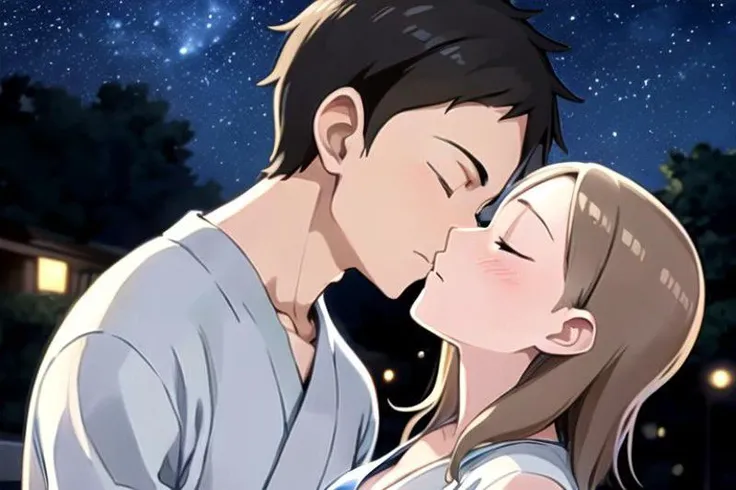 1 boy, 1 girl , kiss, dark night, bright night sky, (masterpiece:1.2, best quality), (ultra-detailed), (illustration), (ultra highres), , (hyper detailed), AND , 1 boy, 1 girl , kiss, Houjou_Takagi is an amazing girl, 21 yo, small breasts, solo, , bashful,  blue slant eyes,   brown hair, white yukata , , deep breathing,  AND,  1 boy, 1 girl , kiss, dark night, bright night sky, 1 boy , messy hair, black hair, bashful, closing eyes, deep breathing with white breath, blue yukata