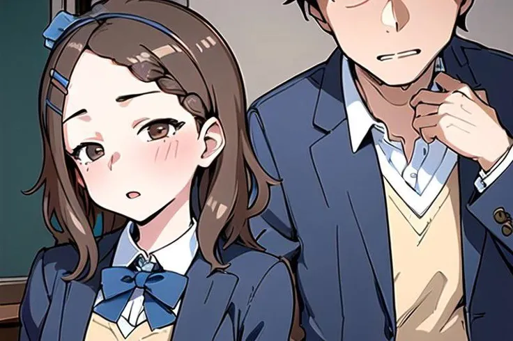 1 boy, 1 girl , kiss, (masterpiece:1.2, best quality), (ultra-detailed),(ultra highres), , (hyper detailed), AND , 1 boy, 1 girl , kiss, (masterpiece:1.2, best quality), (ultra-detailed), (ultra highres), , (hyper detailed), Houjou_Takagi is an amazing girl, 21 yo, small breasts, solo, cleavage, bashful, blue slant eyes, maid, (braid:1.3), (hairclip:1.3), maid headdress, brown hair, apron, long sleeves, bow, bowtie, , deep breathing, dark blue skirt, AND, 1 boy, 1 girl , kiss, (masterpiece:1.2, best quality), (ultra-detailed), (ultra highres), , (hyper detailed), 1 boy , messy hair, black hair, bashful, closing eyes, deep breathing with white breath, blazer as his school uniform