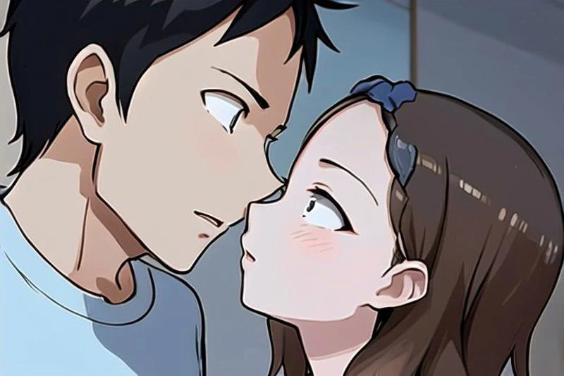 1 boy, 1 girl , kiss, (masterpiece:1.2, best quality), (ultra-detailed), (illustration), (ultra highres), , (hyper detailed), AND , 1 boy, 1 girl , kiss, Houjou_Takagi is an amazing girl, 21 yo, small breasts, solo, cleavage, bashful, blue slant eyes, braid, hair clips, maid, braid, maid headdress, brown hair, apron, long sleeves, bow, bowtie, , deep breathing, dark blue skirt, AND, 1 boy, 1 girl , kiss, 1 boy , messy hair, black hair,