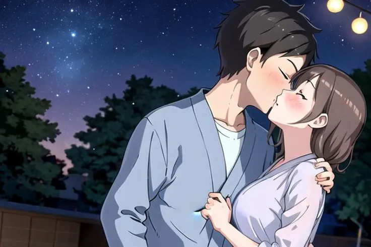 1 boy, 1 girl , kiss, dark night, bright night sky, (masterpiece:1.2, best quality), (ultra-detailed), (illustration), (ultra highres), , (hyper detailed), AND , 1 boy, 1 girl , kiss, Houjou_Takagi is an amazing girl, 21 yo, small breasts, solo, , bashful,  blue slant eyes,   brown hair, white yukata , , deep breathing,  AND,  1 boy, 1 girl , kiss, dark night, bright night sky, 1 boy , messy hair, black hair, bashful, closing eyes, deep breathing with white breath, blue yukata