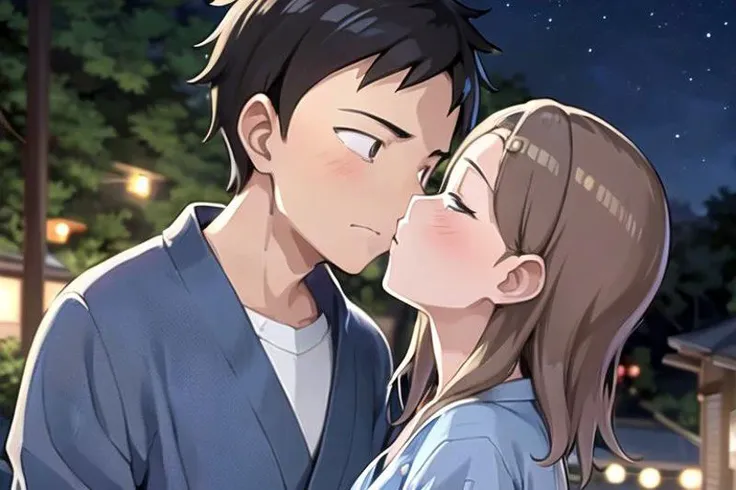 1 boy, 1 girl , kiss, dark night, bright night sky, (masterpiece:1.2, best quality), (ultra-detailed), (illustration), (ultra highres), , (hyper detailed), AND , 1 boy, 1 girl , kiss, Houjou_Takagi is an amazing girl, 21 yo, small breasts, solo, , bashful,  blue slant eyes,   brown hair, (braid:1.3), (hairclip:1.3), white yukata , solo , deep breathing,  AND,  1 boy, 1 girl , kiss, dark night, bright night sky, 1 boy , messy hair, black hair, bashful, closing eyes, deep breathing with white breath, blue yukata