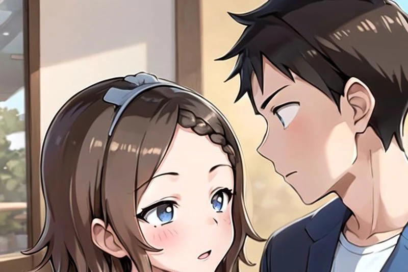 1 boy, 1 girl , kiss, (masterpiece:1.2, best quality), (ultra-detailed), (illustration), (ultra highres), , (hyper detailed), AND , 1 boy, 1 girl , kiss, Houjou_Takagi is an amazing girl, 21 yo, small breasts, solo, cleavage, bashful, blue slant eyes, braid, hair clips, maid, braid, maid headdress, brown hair, apron, long sleeves, bow, bowtie, , deep breathing, dark blue skirt, AND, 1 boy, 1 girl , kiss, 1 boy , messy hair, black hair,
