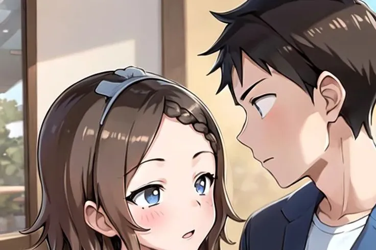 1 boy, 1 girl , kiss, (masterpiece:1.2, best quality), (ultra-detailed), (illustration), (ultra highres), , (hyper detailed), AND , 1 boy, 1 girl , kiss, Houjou_Takagi is an amazing girl, 21 yo, small breasts, solo, cleavage, bashful,  blue slant eyes, braid, hair clips, maid, braid, maid headdress, brown hair, apron, long sleeves,   bow,  bowtie, , deep breathing, dark blue skirt, AND,  1 boy, 1 girl , kiss, 1 boy , messy hair, black hair,