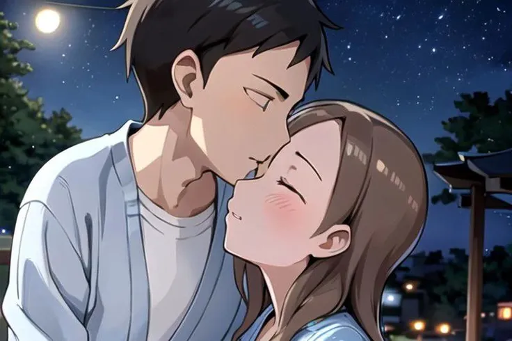 1 boy, 1 girl , kiss, dark night, bright night sky, (masterpiece:1.2, best quality), (ultra-detailed), (illustration), (ultra highres), , (hyper detailed), AND , 1 boy, 1 girl , kiss, Houjou_Takagi is an amazing girl, 21 yo, small breasts, solo, , bashful,  blue slant eyes,   brown hair, white yukata , , deep breathing,  AND,  1 boy, 1 girl , kiss, dark night, bright night sky, 1 boy , messy hair, black hair, bashful, closing eyes, deep breathing with white breath, blue yukata