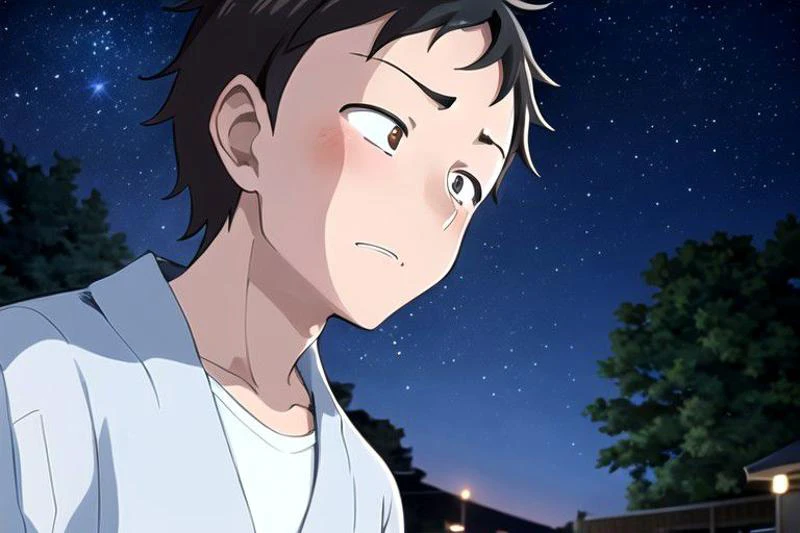 1 boy, 1 girl , kiss, dark night, bright night sky, (masterpiece:1.2, best quality), (ultra-detailed), (illustration), (ultra highres), , (hyper detailed), AND , 1 boy, 1 girl , kiss, Houjou_Takagi is an amazing girl, 21 yo, small breasts, solo, , bashful, blue slant eyes, brown hair, white yukata , , deep breathing, AND, 1 boy, 1 girl , kiss, dark night, bright night sky, 1 boy , messy hair, black hair, bashful, closing eyes, deep breathing with white breath, blue yukata