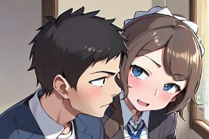 1 boy, 1 girl , kiss, (masterpiece:1.2, best quality), (ultra-detailed), AND , 1 boy, 1 girl , kiss, (masterpiece:1.2, best quality), (ultra-detailed), Houjou_Takagi is an amazing girl, 21 yo, small breasts, cleavage, bashful, blue slant eyes, braid, hair clips, maid, braid, (maid headdress : 1.3), brown hair, apron, long sleeves, bow, bowtie, , deep breathing with white breath, dark blue skirt, bad eyes, AND, 1 boy, 1 girl , kiss, (masterpiece:1.2, best quality), (ultra-detailed),, 1 boy , messy hair, black hair, blazer, (shirt: 1.3)