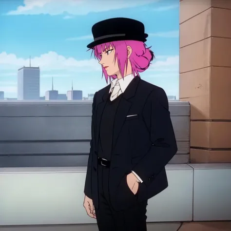 masterpiece,high quality,solo,
<lora:fualaglifon002:0.7>,
fuala,1woman,
pink hair,
hat,
suit,black jacket,
black pants,city,put your hands in your pockets,