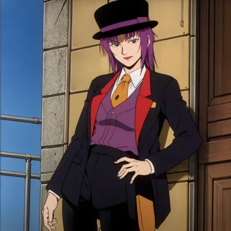 masterpiece,high quality,solo,
<lora:fualaglifon001:0.7>,smile,looking at viewer,
fualaglifon,1woman,
purple hair,
hat,
suit,black jacket,
black pants,