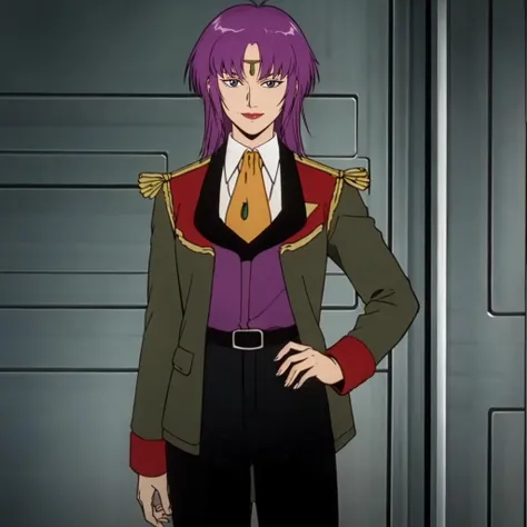 masterpiece,high quality,solo,
<lora:fualaglifon001:0.7>,smile,looking at viewer,
fualaglifon,1woman,
purple hair,
military uniform,dark green jacket,ascot,epaulettes,
belt,black pants,