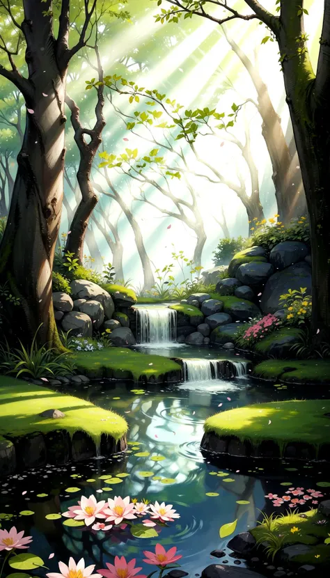 garden of recollection,grass,trees,spring,moss,leaves,falling petals,pond,sunrays,