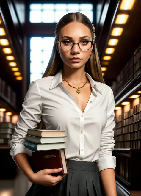 madd1ez1egler, best quality, masterpiece, highly detailed, ultra-detailed, 1girl, in a library, wearing a skirt and tight buttoned shirt, glasses, (holding a stack of books  against her breasts:1.1), cleavage,  perfect eyes, highly detailed beautiful expressive eyes, detailed eyes35mm photograph, film, bokeh, professional, 4k, highly detailed dynamic lighting, photorealistic, 8k, raw, rich, intricate details, key visual, vivid colors,
