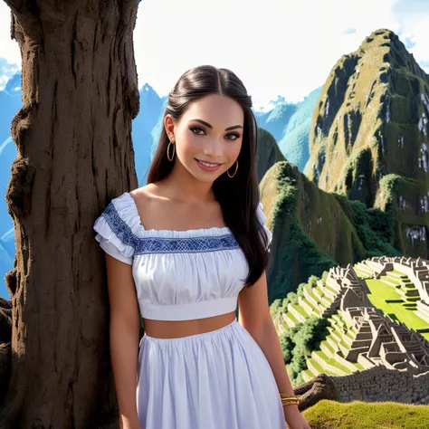 Intricately detailed Full body, professional photograph, MADD1EZ1EGLER, of (Peruvian traditional girl) , wearing Jobona , pretty frock, clothed, standing on a tree branch, machu picchu background, toned abs, pretty face, amber red eyes, (fangs), succubus, shallow depth of field, evil smile, cinematic lighting, photographed on a Sony a9 II Mirrorless Camera, (highly detailed:1.2), (soft focus), Game of Thrones film still, HDR, 8k resolution, fully clothed,