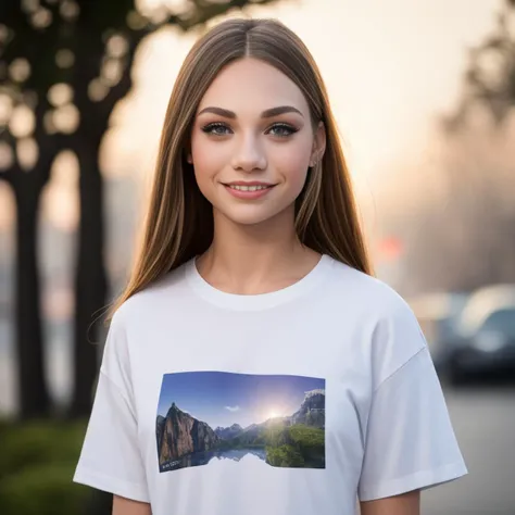 Cinematic film still, 1girl, standing, teenager, MADD1EZ1EGLER, pale skin, innocent smile,  ((detailed face)), (detailed skin), moist, intricate details, shallow depth of field, [volumetric fog], cinematic lighting, reflections, photographed on a Canon EOS R5, wide lens, F/2.8, HDR, 8k resolution,  full body, punk t-shirt, smiling