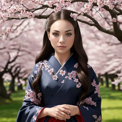Intricately detailed Full body, professional photograph, MADD1EZ1EGLER, of (Japanese princess), Japanese Kimono, pretty frock, clothed, standing on a tree branch, cherry blossom background, toned abs, pretty face, amber red eyes, (fangs), succubus, shallow depth of field, evil smile, cinematic lighting, photographed on a Sony a9 II Mirrorless Camera, (highly detailed:1.2), (soft focus), Game of Thrones film still, HDR, 8k resolution, fully clothed,