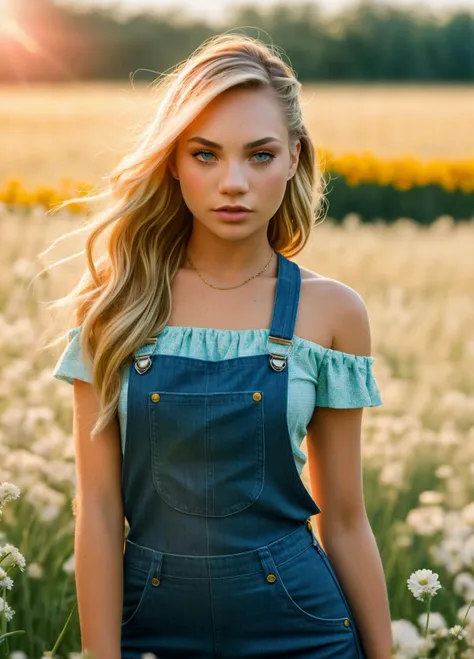 madd1ez1egler, 16mm, remarkable color, ultra realistic, analog photo, Beautiful super model,  highly detailed face, seducing eyes, wearing overalls, cropped  off-shoulder tank top,  in a field of grass. Bright sunny day. bokeh, professional, 4k, highly detailed dynamic lighting, photorealistic, intricate details, key visual, vivid colors