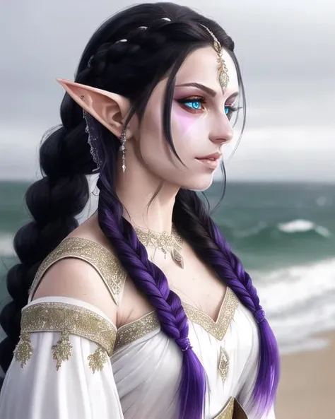 <lora:TA-02-000002:1> beautiful (masterpiece, best_quality, ultra-detailed), epic, illustration, 1girl, Lanayadota elf, blue eyes, black hair, ((facial mark, pink marks under eyes, triangle on forhead, forhead jewel,)) outdoors, realistic, high detailed skin, skin pores, coastline, overcast weather, wind, waves, 8k uhd, dslr, soft lighting, high quality, film grain, Fujifilm XT3, solo