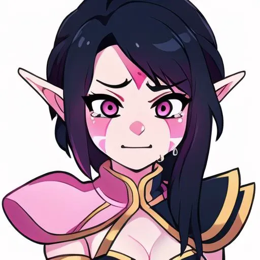 <lora:LanayaDOTA:0.9> LanayaDOTA elf , facial mark, pink marks under eyes, triangle on forhead, Pink shoulder sash, navy blue shoulder pads with gold accents, dramatic, 1girl, crying, <lora:twitch_emotes_v1.3:0.9> twitchemote, upper body, white background, chibi, emote,