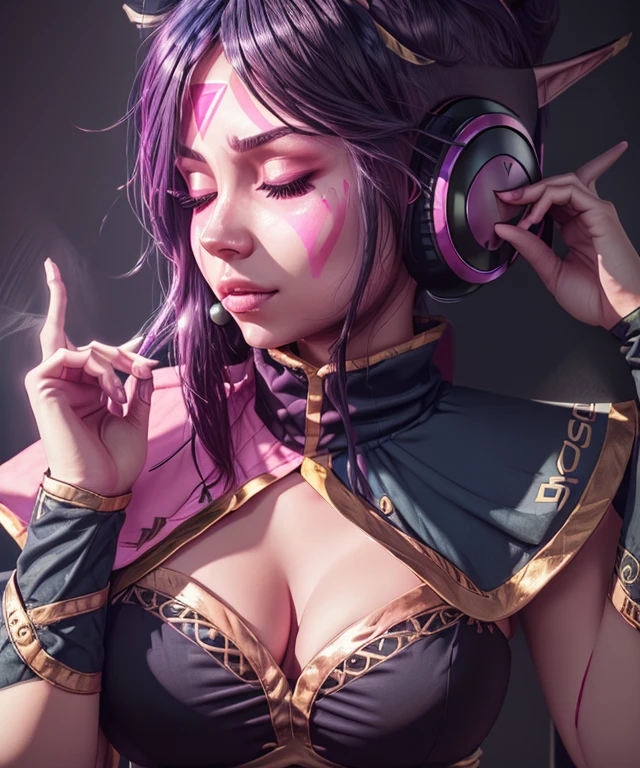 <lora:LanayaDOTA:0.7>photo of (Lanayadota elf) chilling to music, ((wearing large headphones)), holding her earphones as she listened to music with her eyes closed, lofi, lo-fi, relaxed, triangle mark on forhead, facial markings, face mask, from the side, solo, Pink shoulder sash, navy blue shoulder pads with gold accents, solo, 1girl, well brushed hair