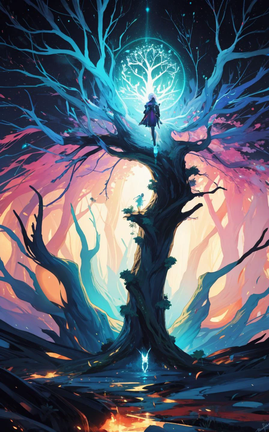 (style of [Cathleen McAllister|Ilya Kuvshinov|Loish|Daniela Uhlig|Ross Tran]:1.2), dynamic pose,  Yggdrasil the immense tree of life connecting nine vivid worlds