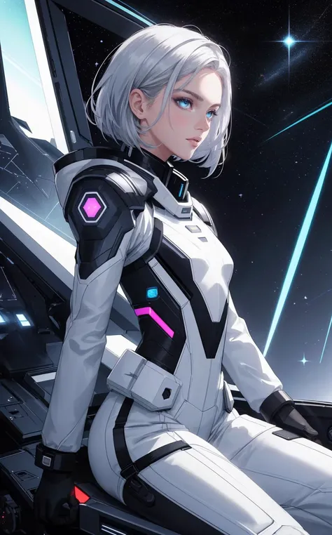 (style of [Cathleen McAllister|Ilya Kuvshinov|Loish|Daniela Uhlig|Ross Tran]:1.2), dynamic pose,  (over the shoulder:1.1), movie still, side view, spaceship cockpit, beautiful young skinny auburn caucasian adult woman sitting in spaceship cockpit looking over shoulder at viewer, glowing holographic instruments, (beautiful face:1.11), from behind, smart fabric jumpsuit:1.3, lightweight structured jacket with sharp geometric lines, utility belt, kneehigh boots, fingerless gloves, (large spaceship cockpit with highly polished flooring and stellar view), backlit hair, perfect face, (pale freckles:0.6), (black and silver accents), perfect eyes, (studio lighting:0.3), low key, thin pouting lips, (white bob hair, ombre++ hair:1.2), wide set soft+ turquoise++ eyes, skin pores, (small retrousse nose:1.2), (pale skin), ultra detailed, (Intricate Environment)++, best quality, masterpiece, dramatic angle, highest detailed face, eyelid shimmer makeup, silver eyeshadow, iridescent cheekbones, muted rose lips, deep space blue, BREAK, starlight silver, nebula pink, and black hole black, planetary rings, asteroid clusters, geometric shapes, angular contours, Holographic control panels, chiaroscuro effects, reflective surfaces, starfilled skies, distant galaxies, Chrome finishes, brushed steel, shimmering surfaces, iridescent materials, Minimalist design, clean lines, modernistic details, 8k, best quality, masterpiece, (large covered breasts:0.9)