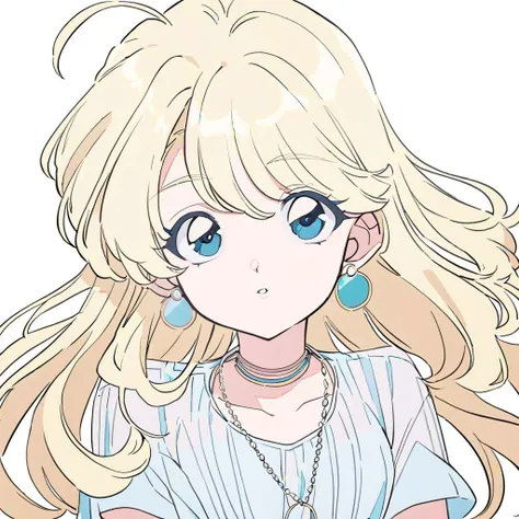 Blonde hair, bleach blonde hair, blue eyes, blue eyes, white hoop earrings, white hoop earrings, necklaces, necklaces, pretty, makeup, 2d, pastel color, lineart, 1girl, solo, long hair, looking at viewer, blonde hair, jewelry, earrings, parted lips,