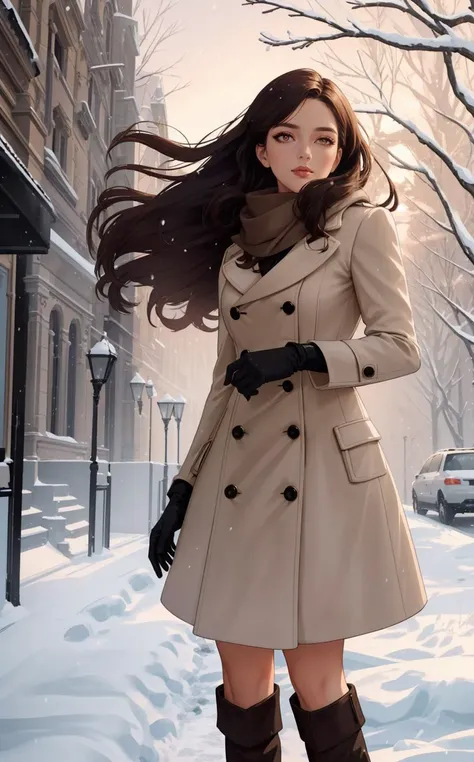 (style of [Cathleen McAllister|Ilya Kuvshinov|Loish|Daniela Uhlig|Ross Tran]:1.2), dynamic pose,  [winter:high-fashion:0.7] setting, a young adult woman striking an elegant pose amidst a snowy urban landscape, featuring a luxurious wool coat, tailored to perfection with a cinched waist and exaggerated lapels, rich burgundy color, texture visible, complemented by a cashmere scarf in a soft, contrasting hue, draped effortlessly around the neck, knee-high suede boots in a deep espresso, a touch of sophistication, delicate leather gloves adorning her hands, a subtle nod to classic elegance, softly curled hair tumbling over her shoulders, makeup natural with a hint of rosiness on cheeks and lips, capturing the essence of winter warmth and style, snowflakes gently falling around, creating a serene, almost magical atmosphere, soft golden hour light casting a warm glow, highlighting the intricate details of the coat, the backdrop a blend of historic architecture and modern elements, creating a juxtaposition of timelessness and contemporary fashion, her expression serene and confident, embodying the spirit of a modern, stylish winter.